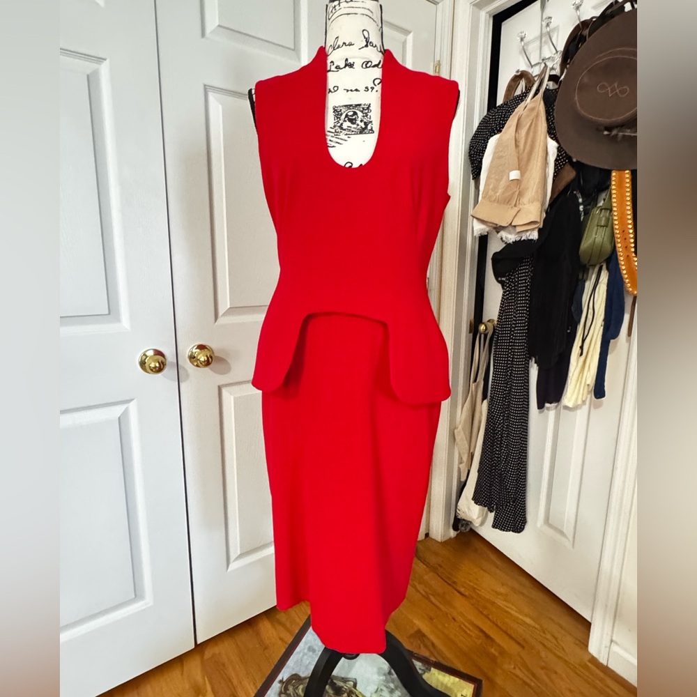 Alexander McQueen Preowned Y2K Red Plunge Neckline Pleated A-Line Midi Dress